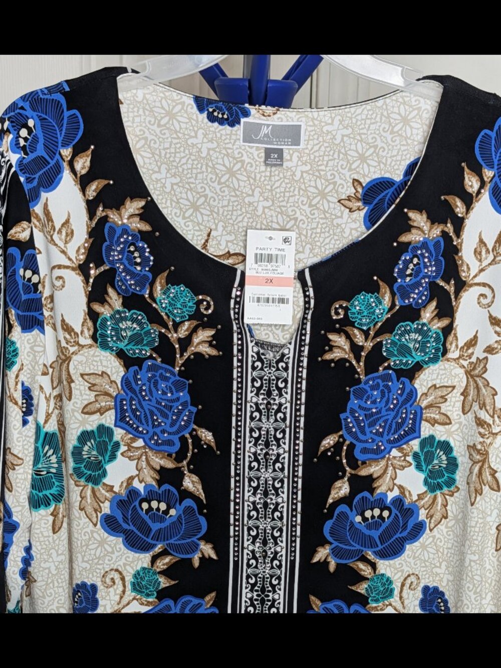 Wow NWT JM COLLECTION 2X Blue & Black Floral Stretch Long Blouse w/ Rhinestones - Picture 2 of 3